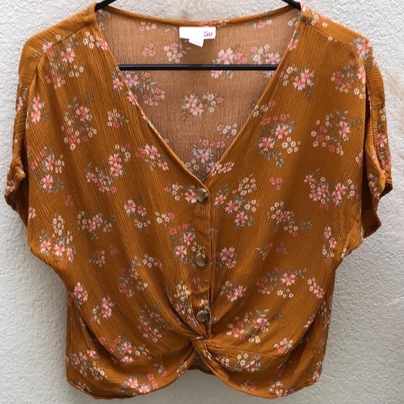 SO | mustard color floral crop top with front twist - Picture 1 of 6